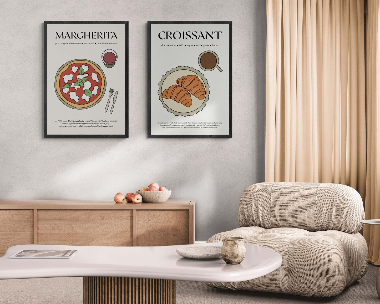 Classic French croissant depicted in a retro travel advertisement style, framed and ready to hang