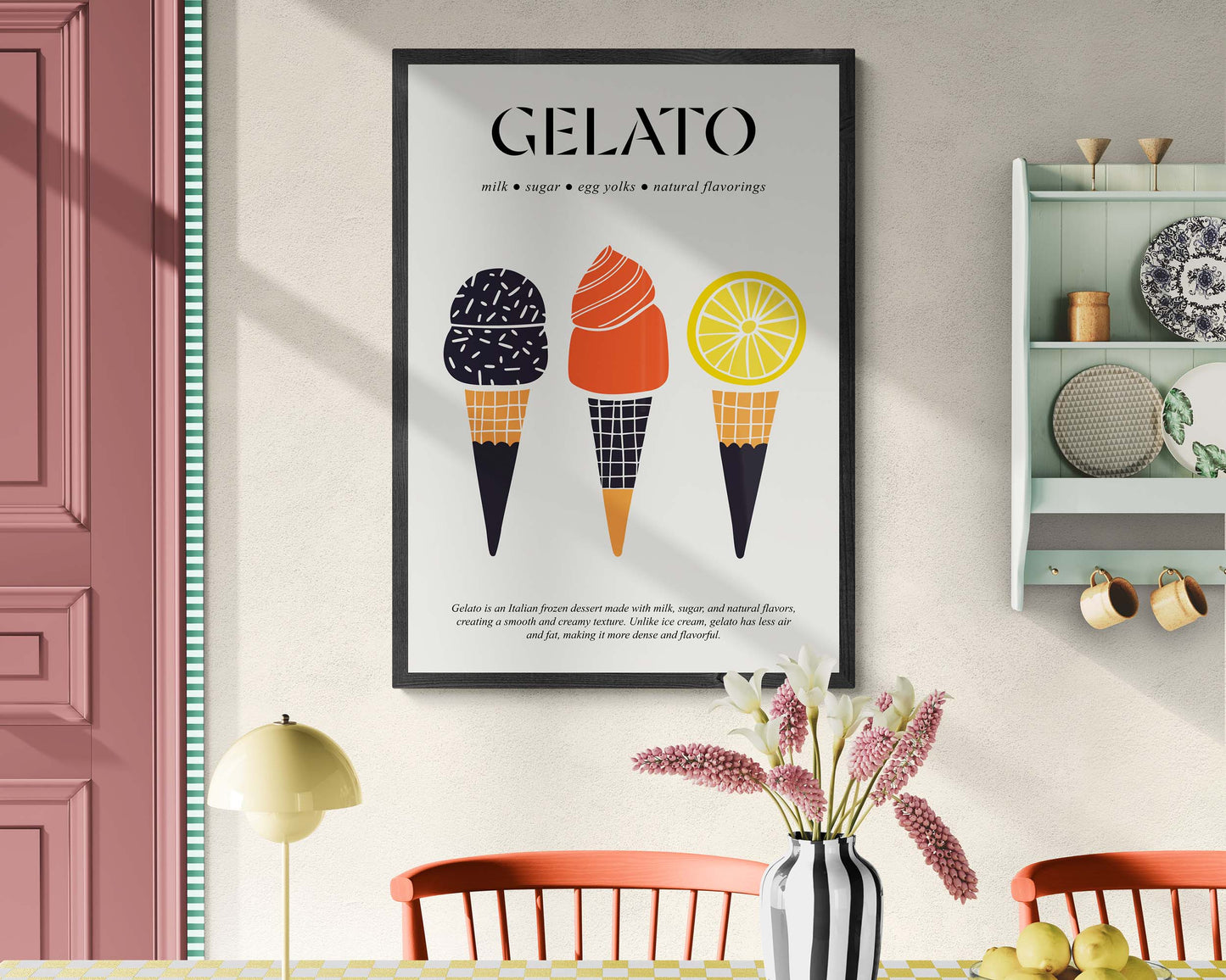 Gelato-themed wall art in classic vintage travel poster style, framed for display