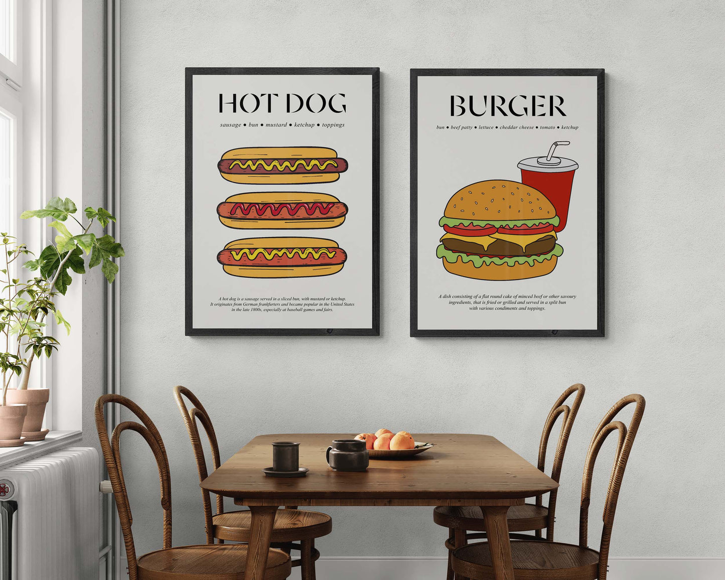 Framed hot dog poster in 1950s retro travel ad style, perfect for vintage food art lovers