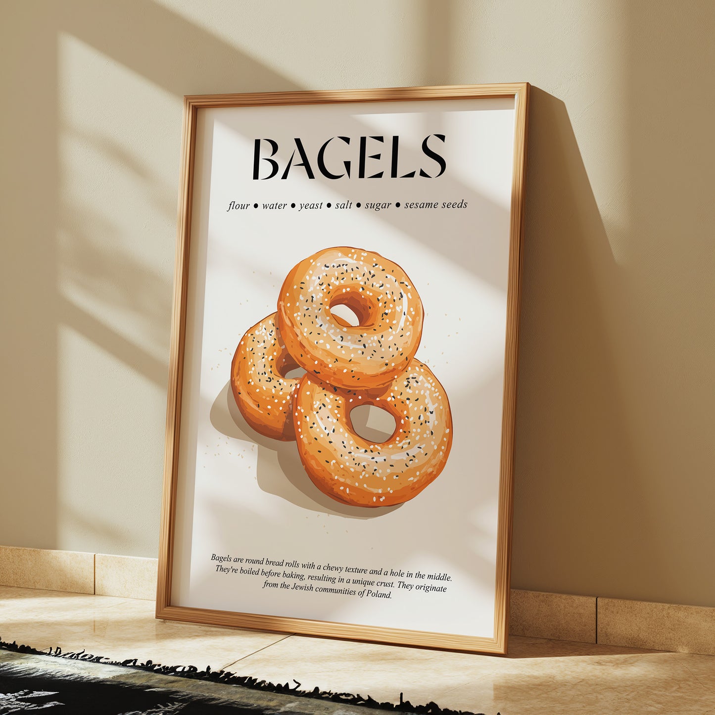 Bagel Art Print (Food Print For Kitchen) Kitchen Art Print For Bakery Wall Art And Foodie Gift