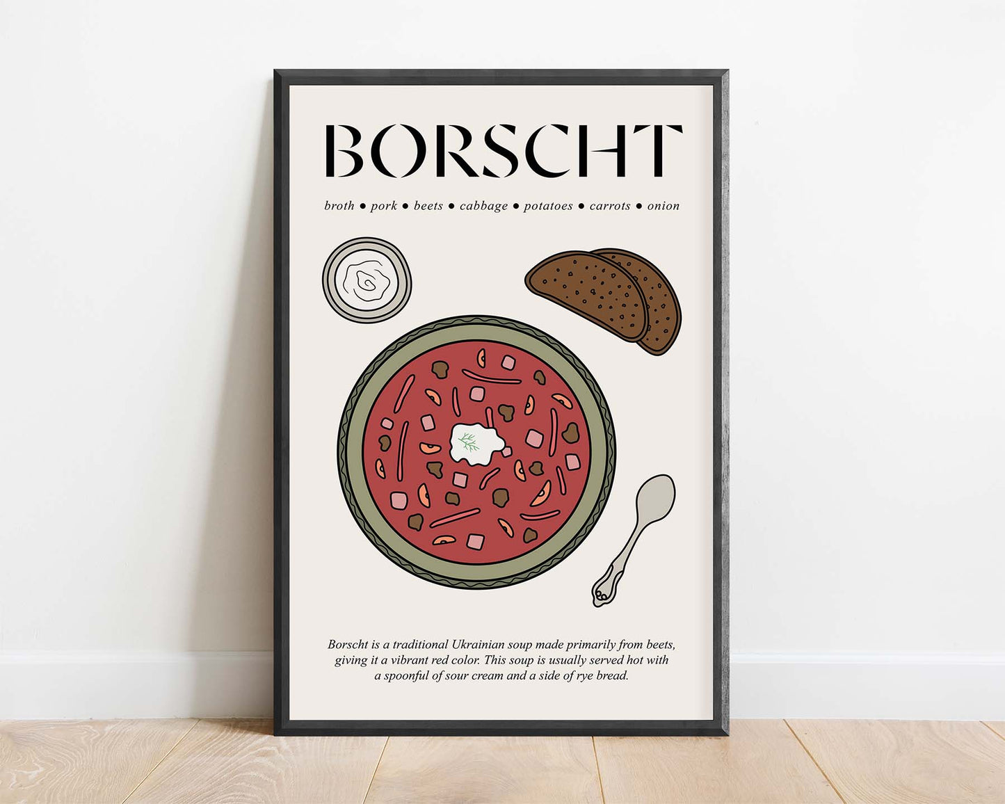 Vintage retro-style framed poster featuring a steaming bowl of borscht with classic Slavic design elements