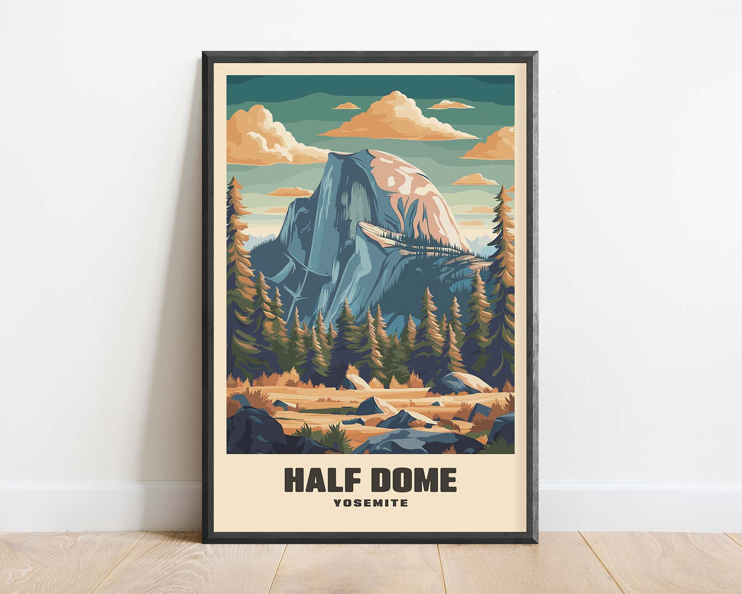 Framed vintage travel poster of Half Dome, showcasing its iconic shape and Yosemite’s stunning landscape in a retro design
