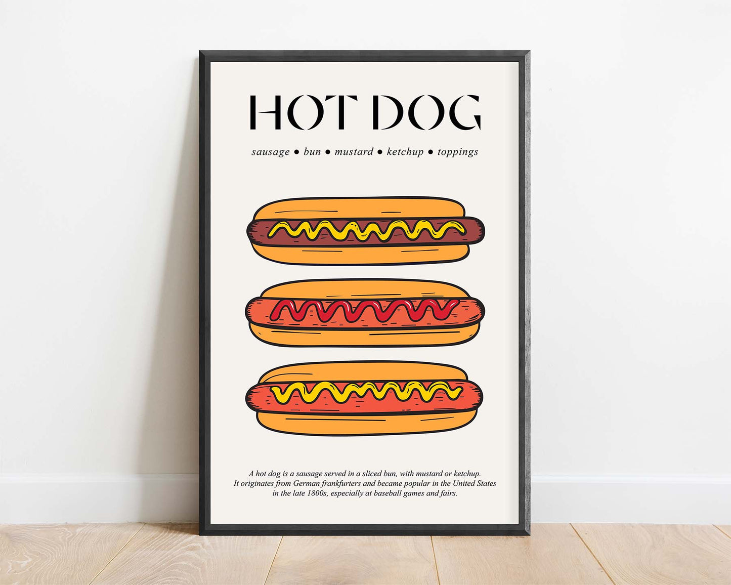 Framed vintage travel poster featuring classic hot dogs in retro American style