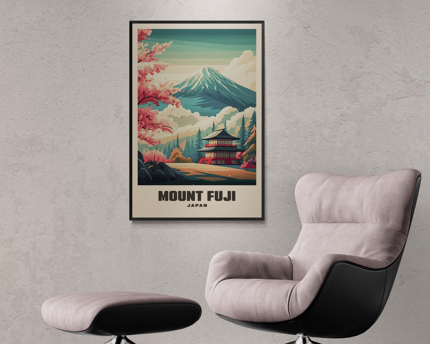 Japanese retro travel poster of Mount Fuji in a black frame, inspired by 1930s travel advertisements with a timeless vintage aesthetic