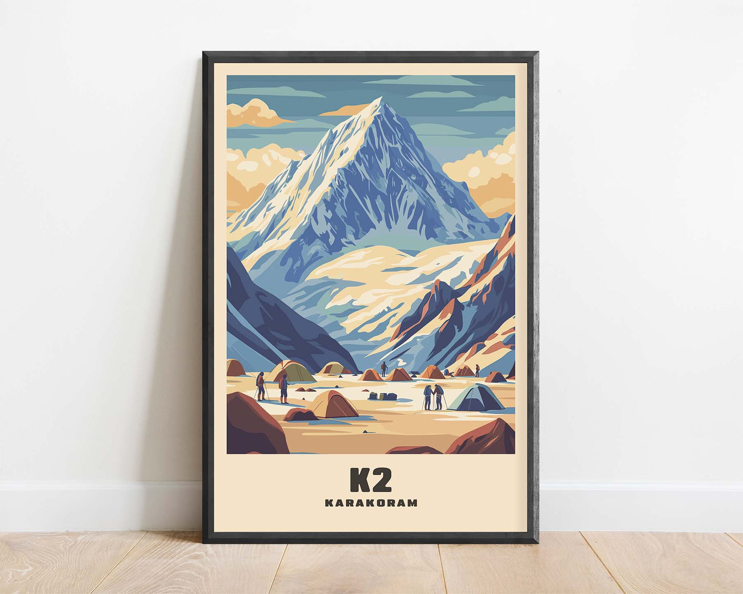 Framed vintage travel poster of K2, showcasing the towering peak of the Karakoram Range in a retro, classic design