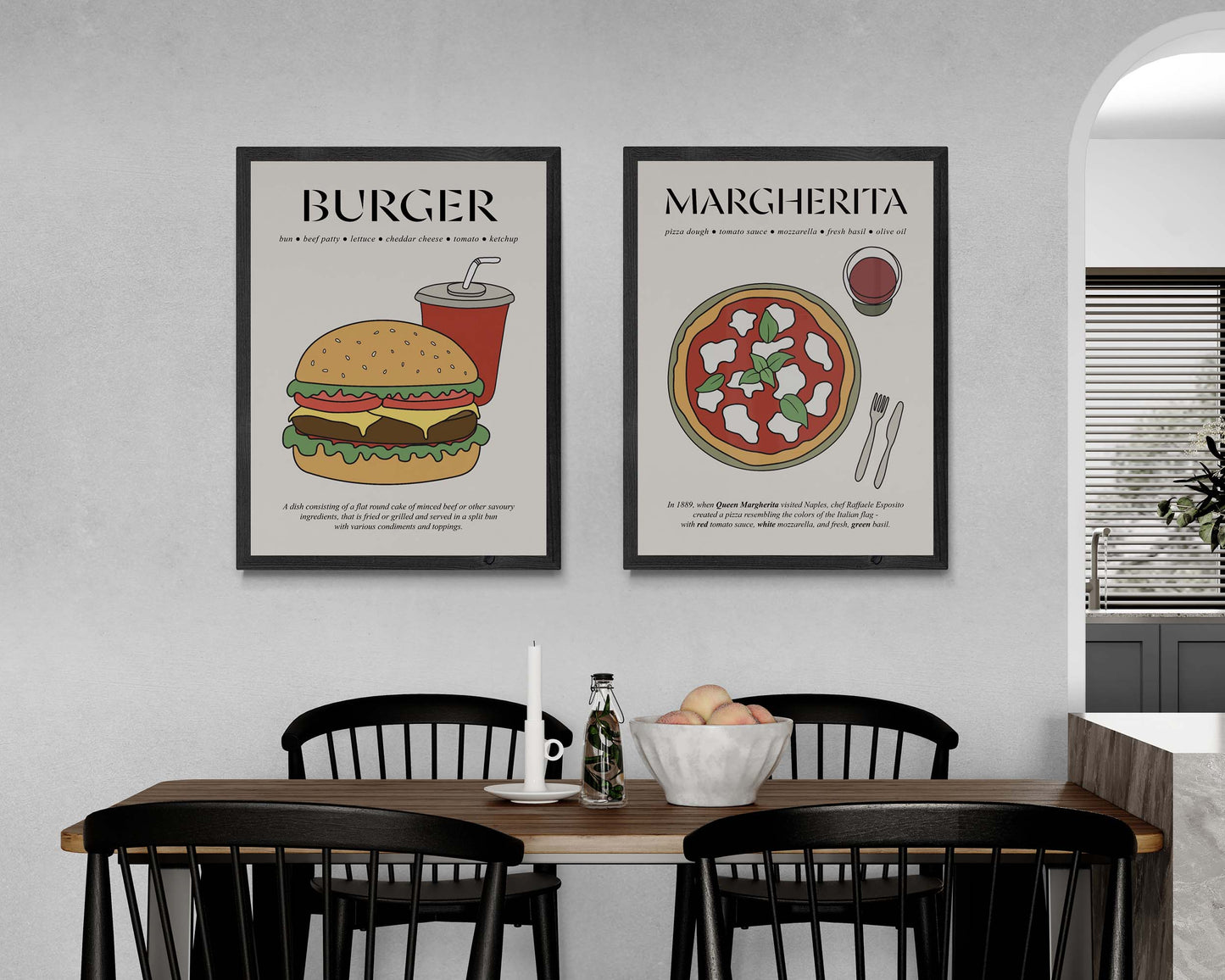 Classic retro burger wall art in a frame, highlighting a traditional hamburger with American diner style