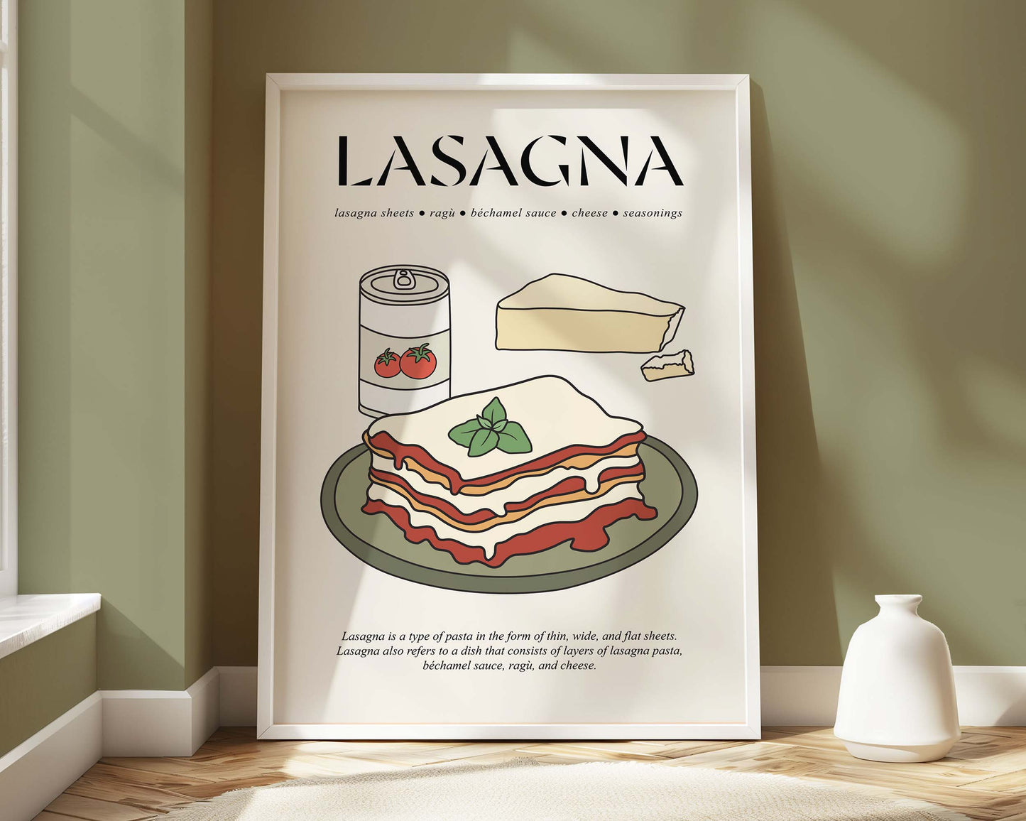 Retro Italian food poster in a wooden frame, showcasing a nostalgic lasagna with rich, rustic colors