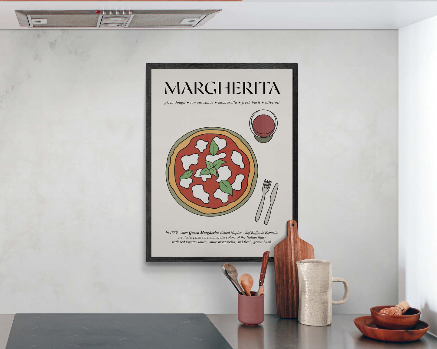 Framed vintage Pizza Margherita print, featuring a nostalgic design with classic Italian ingredients and bold typography