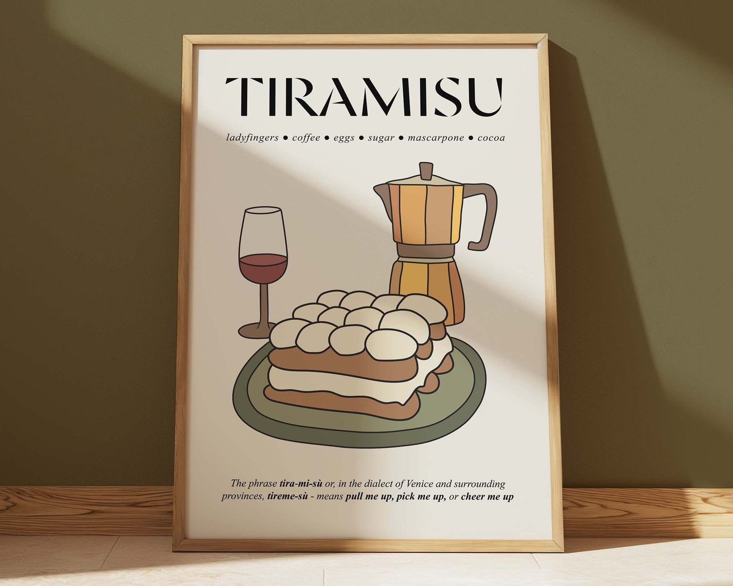 Retro tiramisu poster in a wooden frame, highlighting the rich layers of this traditional Italian dessert