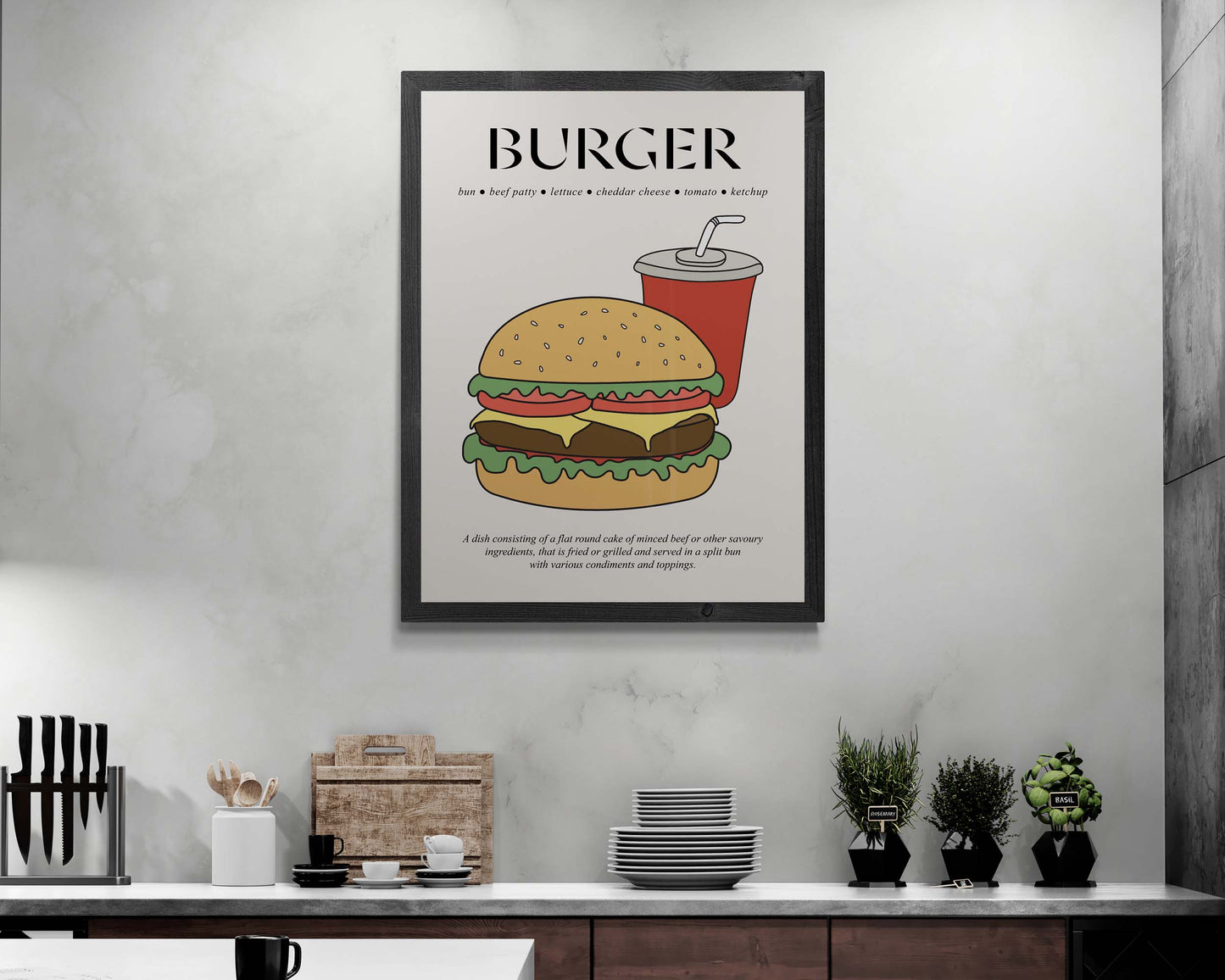 Framed vintage burger advertisement print with bold typography and a classic fast food design