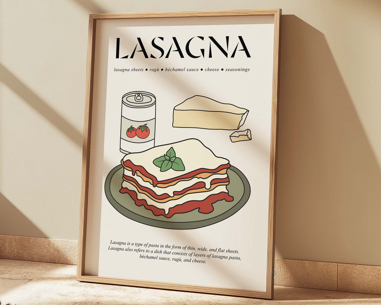 Classic retro lasagna wall art in a frame, capturing the essence of traditional Italian comfort food