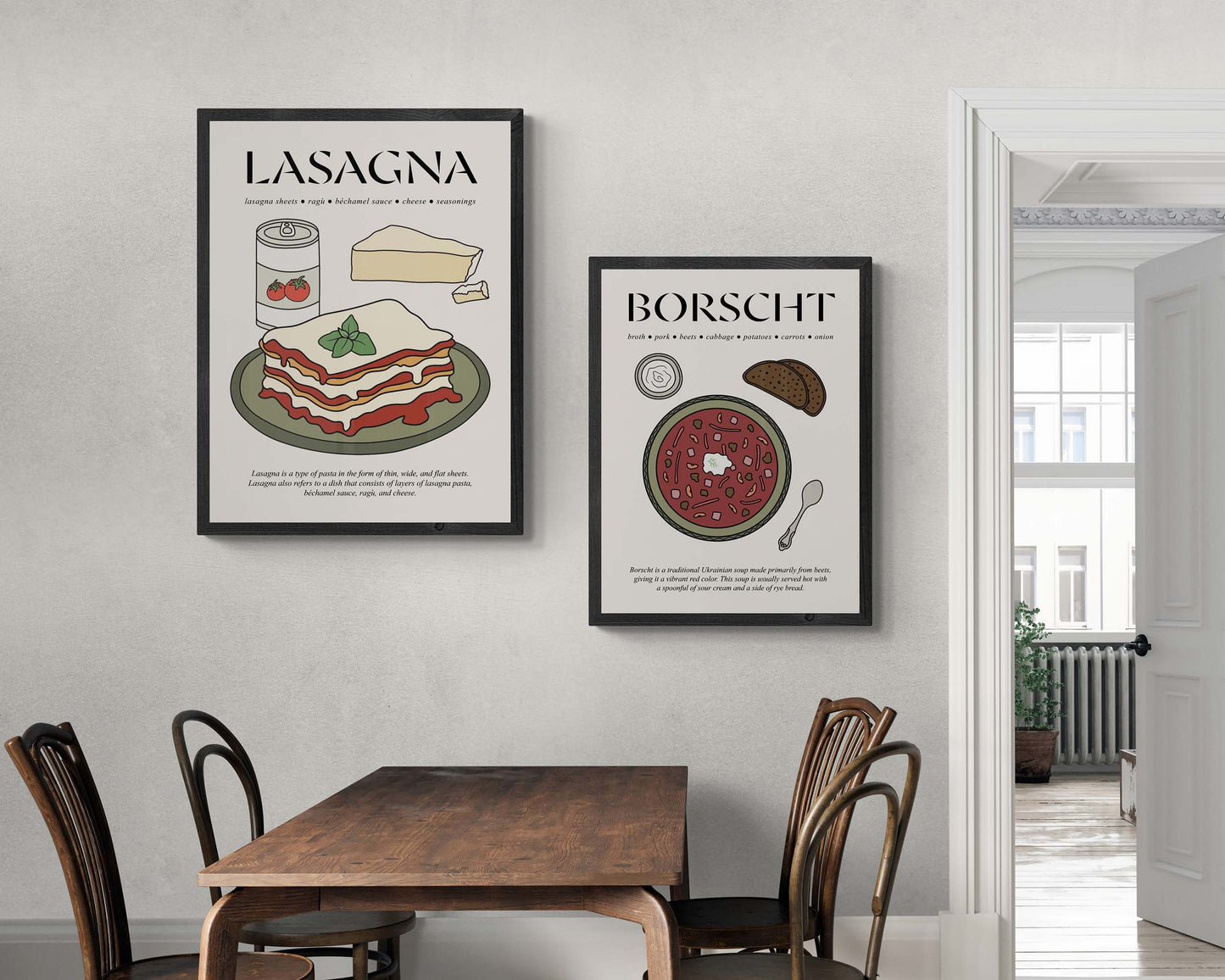 Old-fashioned framed poster of lasagna, featuring vintage Italian food art with a warm, inviting design