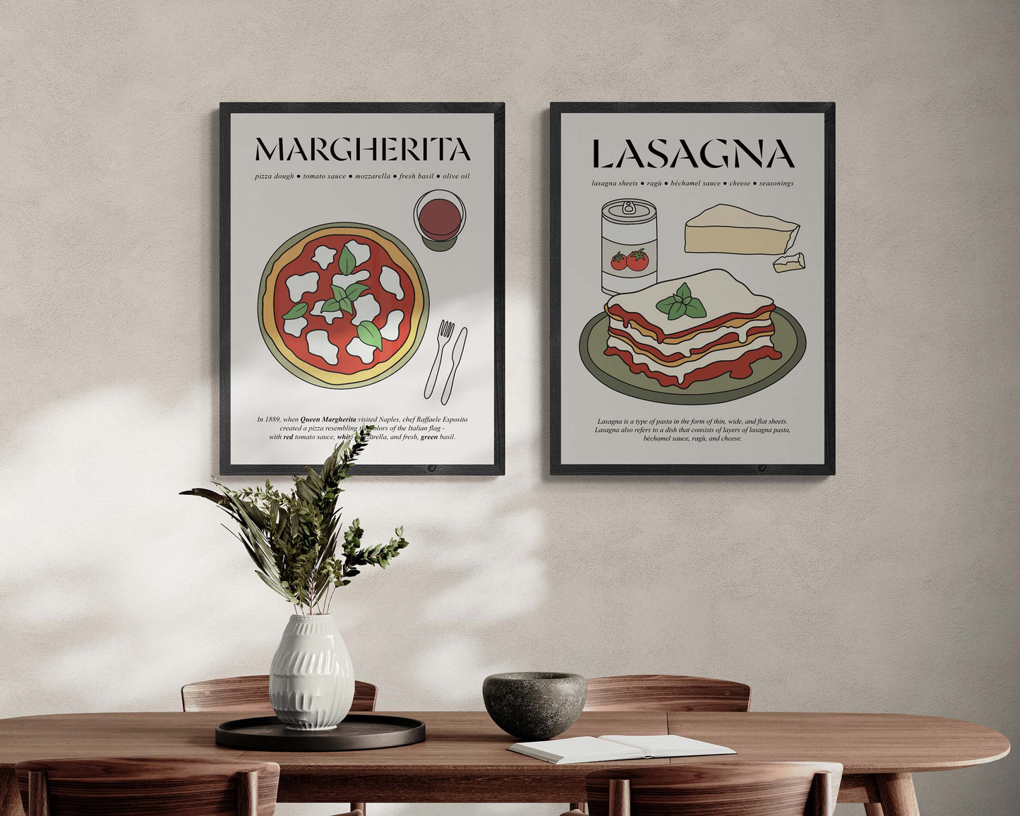 Old-fashioned framed poster of Pizza Margherita, emphasizing the simplicity and elegance of Italian culinary tradition