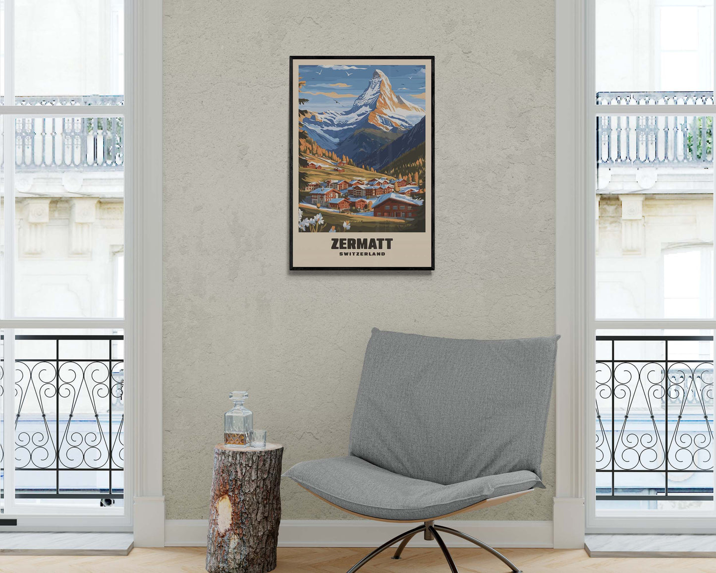 Classic vintage travel print of Zermatt, framed and featuring the iconic Matterhorn and scenic Alpine views in a timeless design