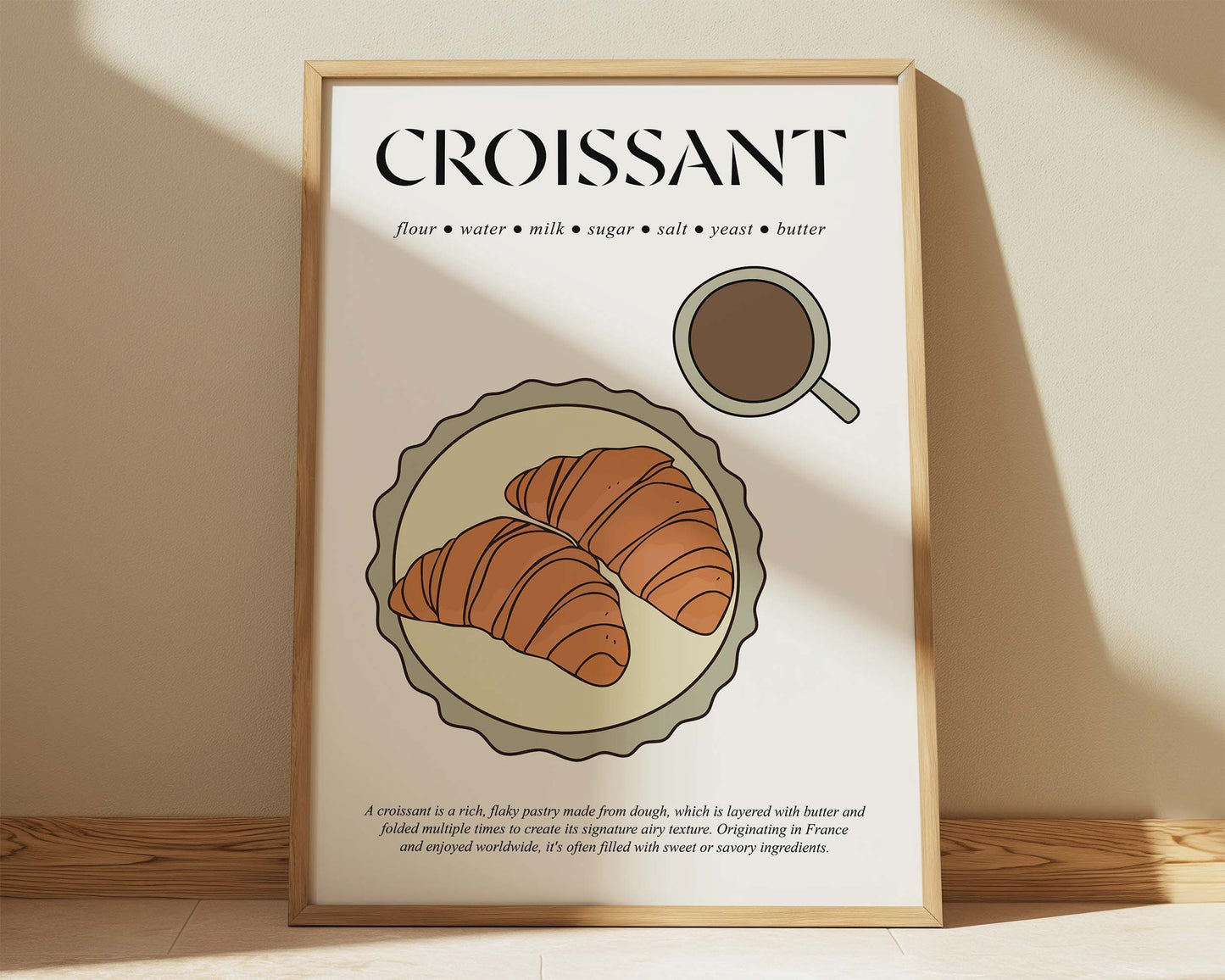 Framed croissant travel poster in 1950s vintage aesthetic, ideal for bakery-themed spaces
