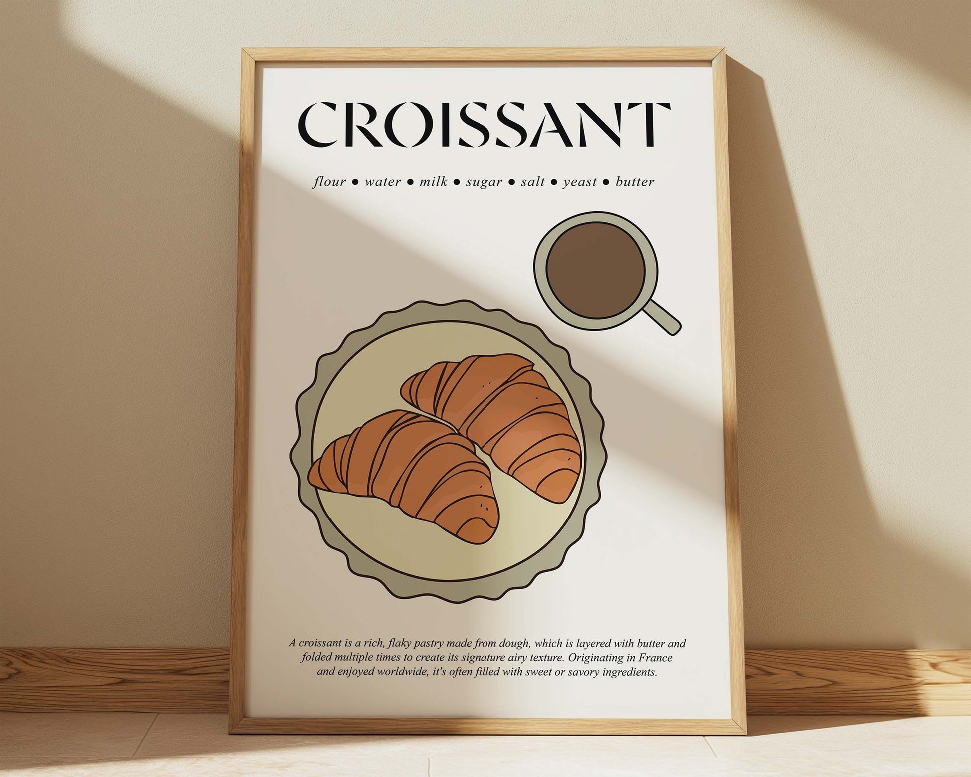 Framed croissant travel poster in 1950s vintage aesthetic, ideal for bakery-themed spaces
