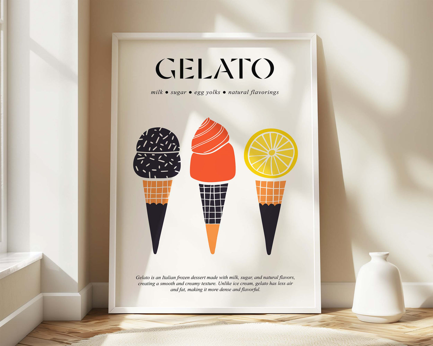 Retro Italian gelato print in nostalgic travel design, ideal for kitchen or dessert shop