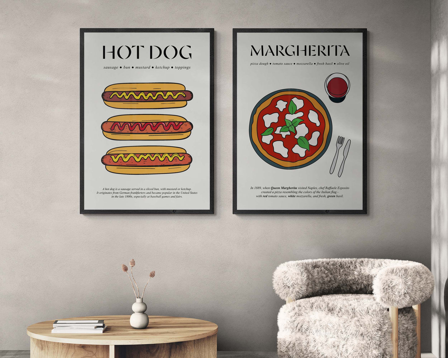 Classic American hot dogs depicted in a vintage travel print, ideal for kitchen or diner