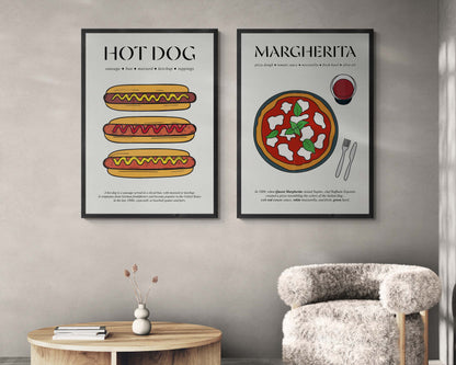 Classic American hot dogs depicted in a vintage travel print, ideal for kitchen or diner