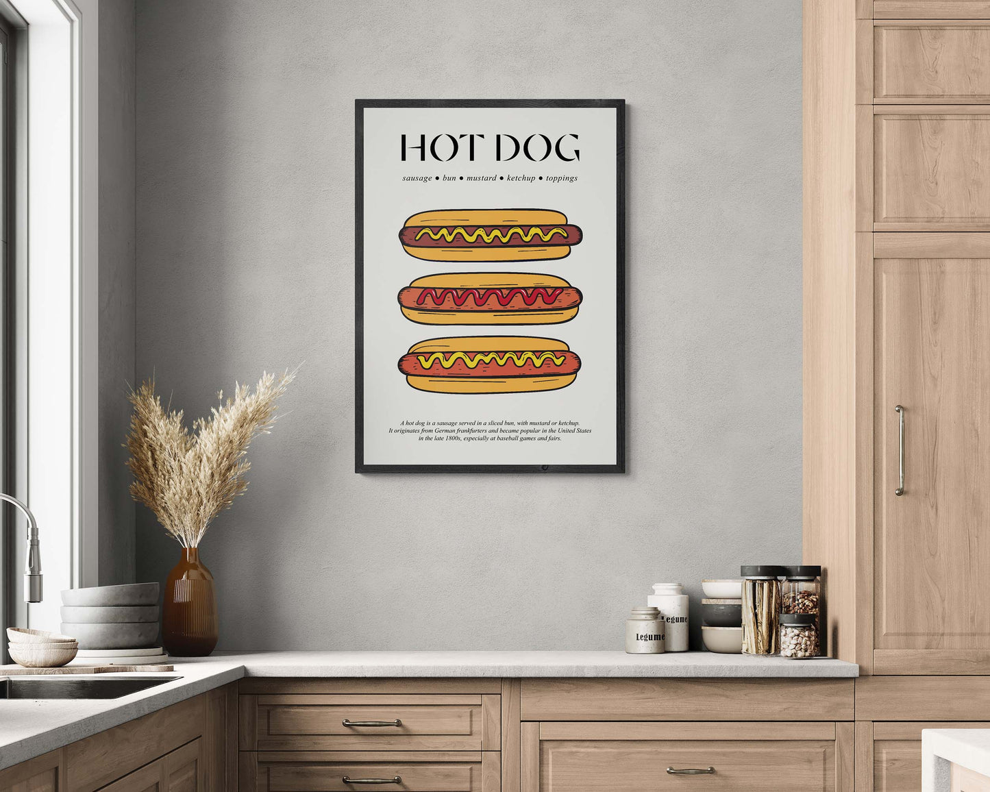 Retro-style hot dog illustration poster with vintage travel theme, framed for decor