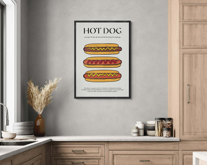 Retro-style hot dog illustration poster with vintage travel theme, framed for decor