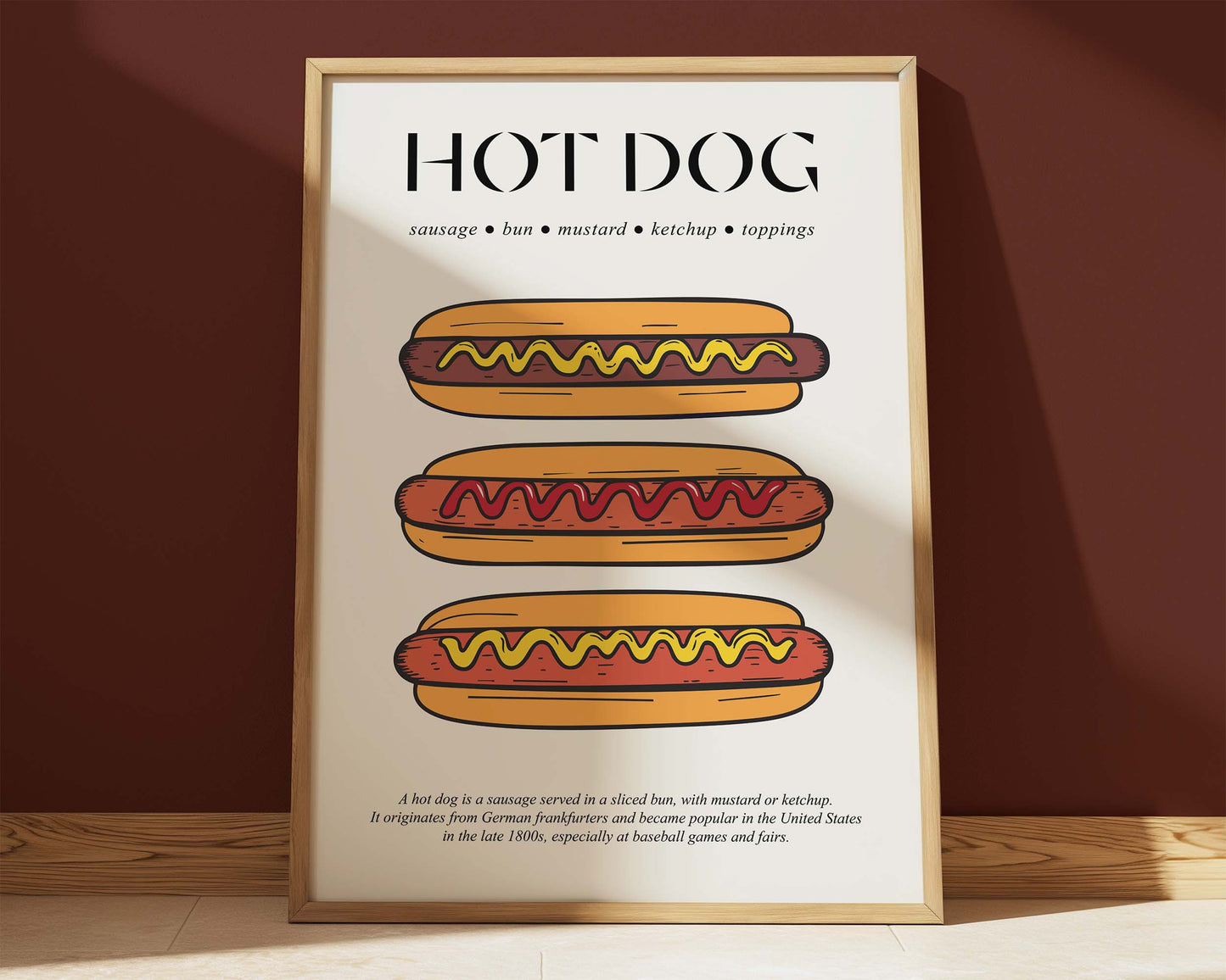 Hot dog wall art in nostalgic travel poster design, displayed in a wooden frame