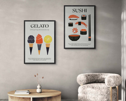 Colorful gelato illustration poster in vintage advertising style, framed and ready to hang