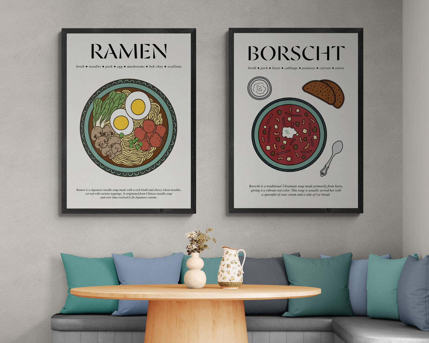 Retro ramen food poster in a wooden frame, showcasing traditional Japanese noodle art