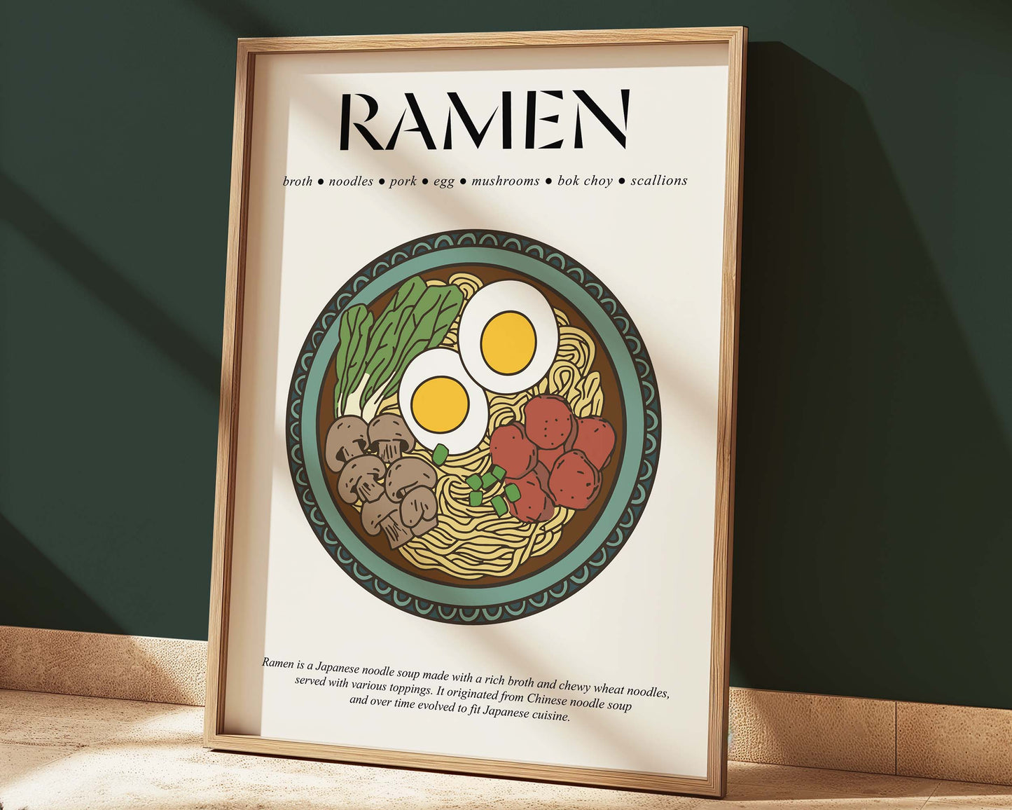 Framed vintage ramen advertisement print with a nostalgic Japanese design and warm colors