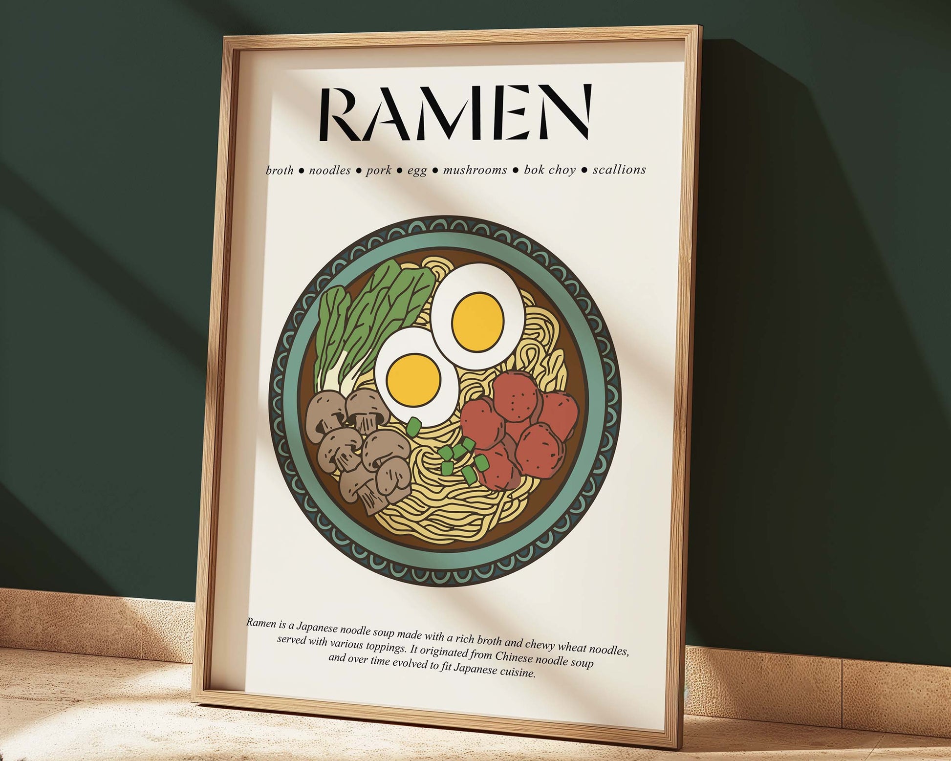 Framed vintage ramen advertisement print with a nostalgic Japanese design and warm colors