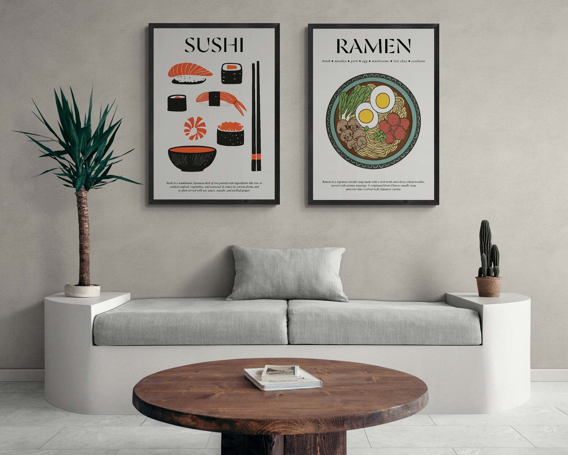 Wall art of sushi depicted in nostalgic travel poster design, framed and displayed