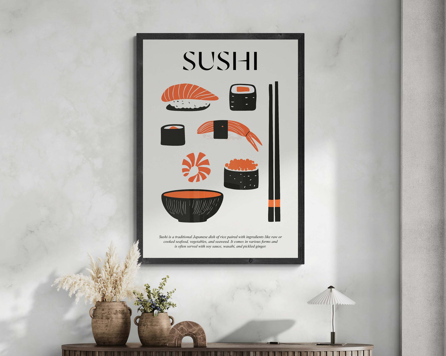 Vintage-style sushi poster with Japanese travel theme, mounted in black frame