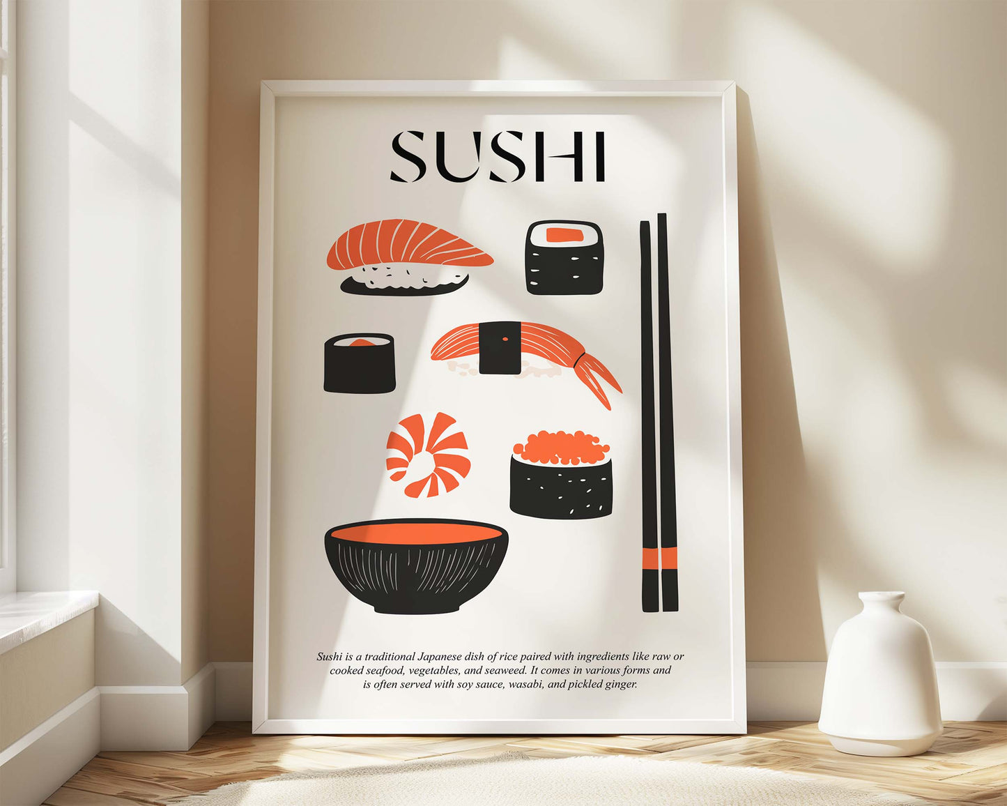 Retro Japanese sushi illustration as framed wall decor inspired by classic travel ads
