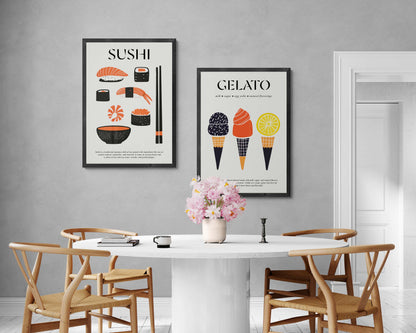 Sushi-themed vintage travel print in frame, ideal for kitchen or restaurant decor
