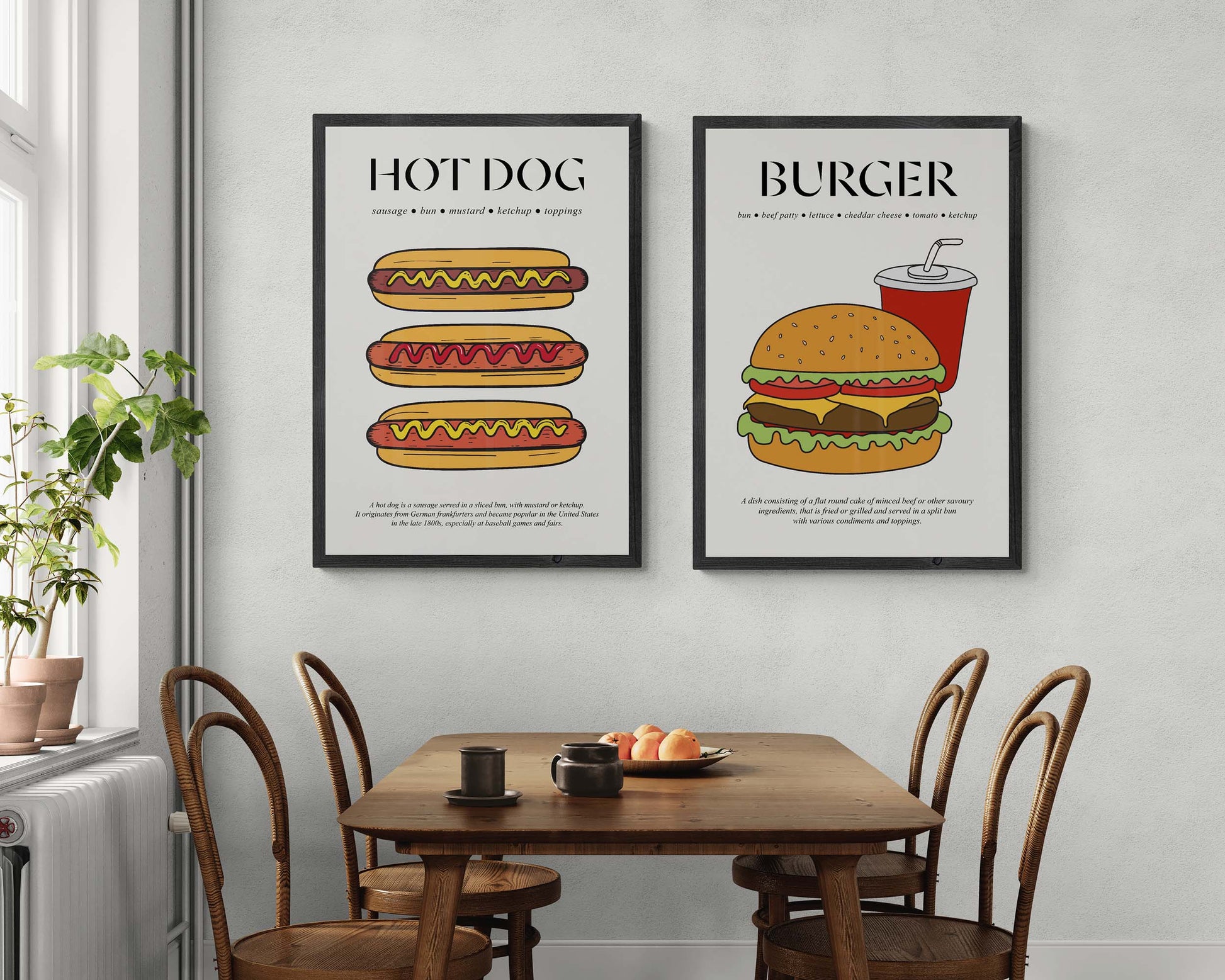 Framed hot dog poster in 1950s retro travel ad style, perfect for vintage food art lovers