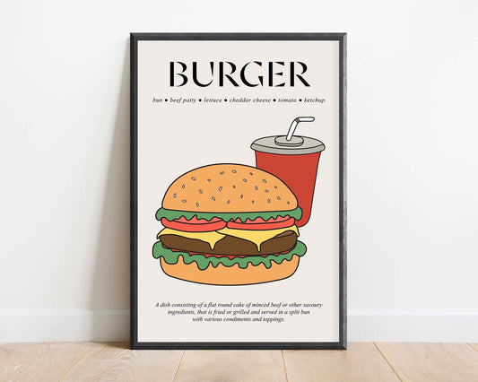 Vintage retro-style framed poster showcasing a classic burger with traditional diner design elements