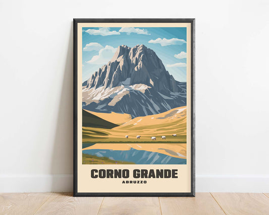 Framed vintage travel poster of Corno Grande in Abruzzo, Italy, featuring a classic retro design
