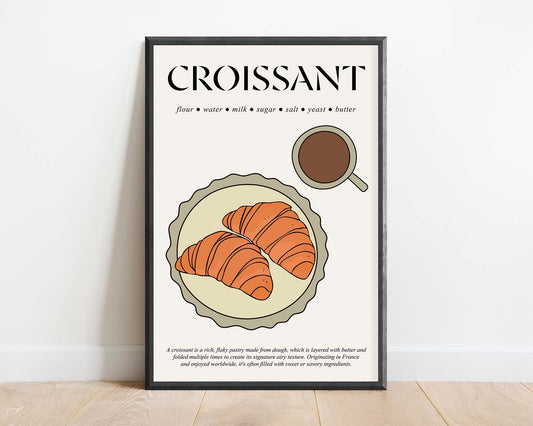 Retro croissant illustration in nostalgic travel poster design, displayed in a frame