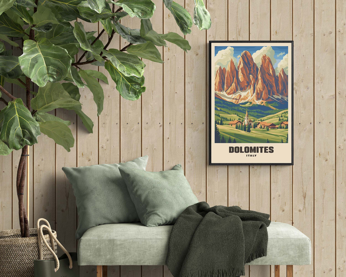 Stylized retro poster of the Dolomite Mountains, framed and capturing the iconic Italian landscape in vintage travel poster style