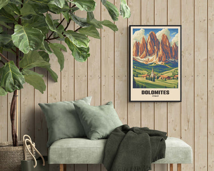 Stylized retro poster of the Dolomite Mountains, framed and capturing the iconic Italian landscape in vintage travel poster style