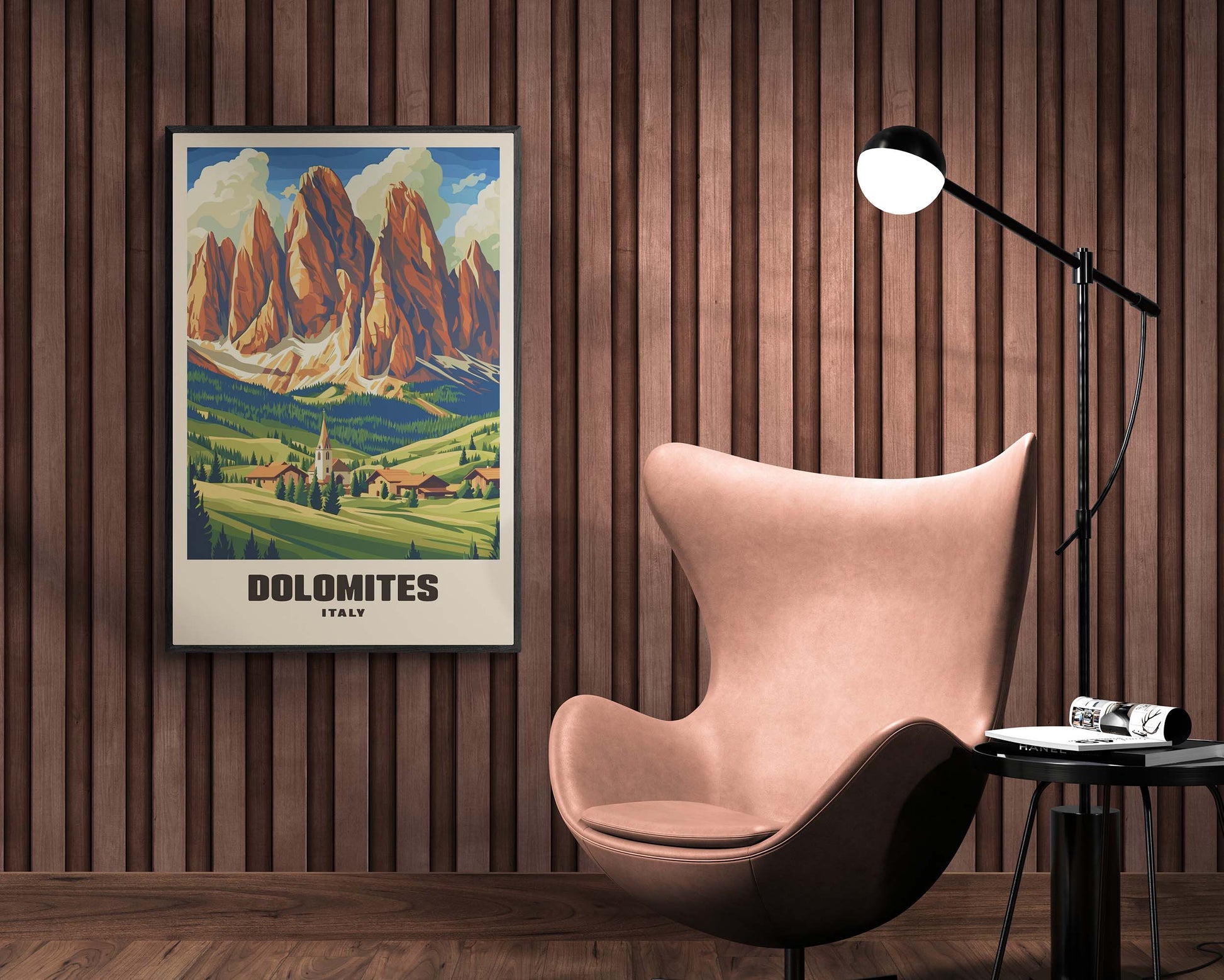Classic vintage travel print of the Dolomite Mountains in Italy, framed and featuring a nostalgic design with scenic mountain views