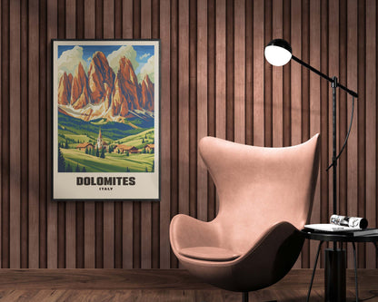 Classic vintage travel print of the Dolomite Mountains in Italy, framed and featuring a nostalgic design with scenic mountain views