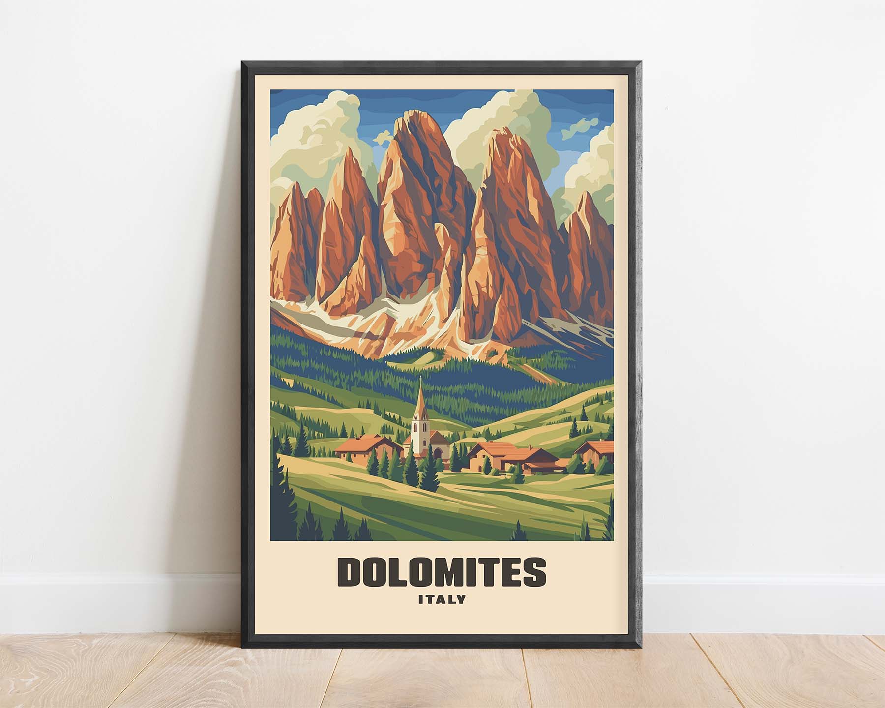 Framed vintage travel poster of the Dolomite Mountains in Italy, showcasing the dramatic peaks in a retro, colorful design