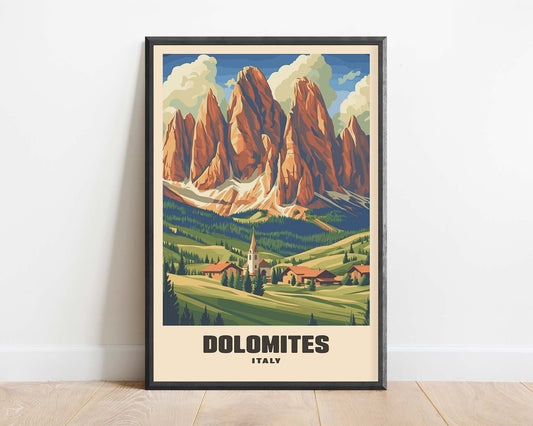 Framed vintage travel poster of the Dolomite Mountains in Italy, showcasing the dramatic peaks in a retro, colorful design