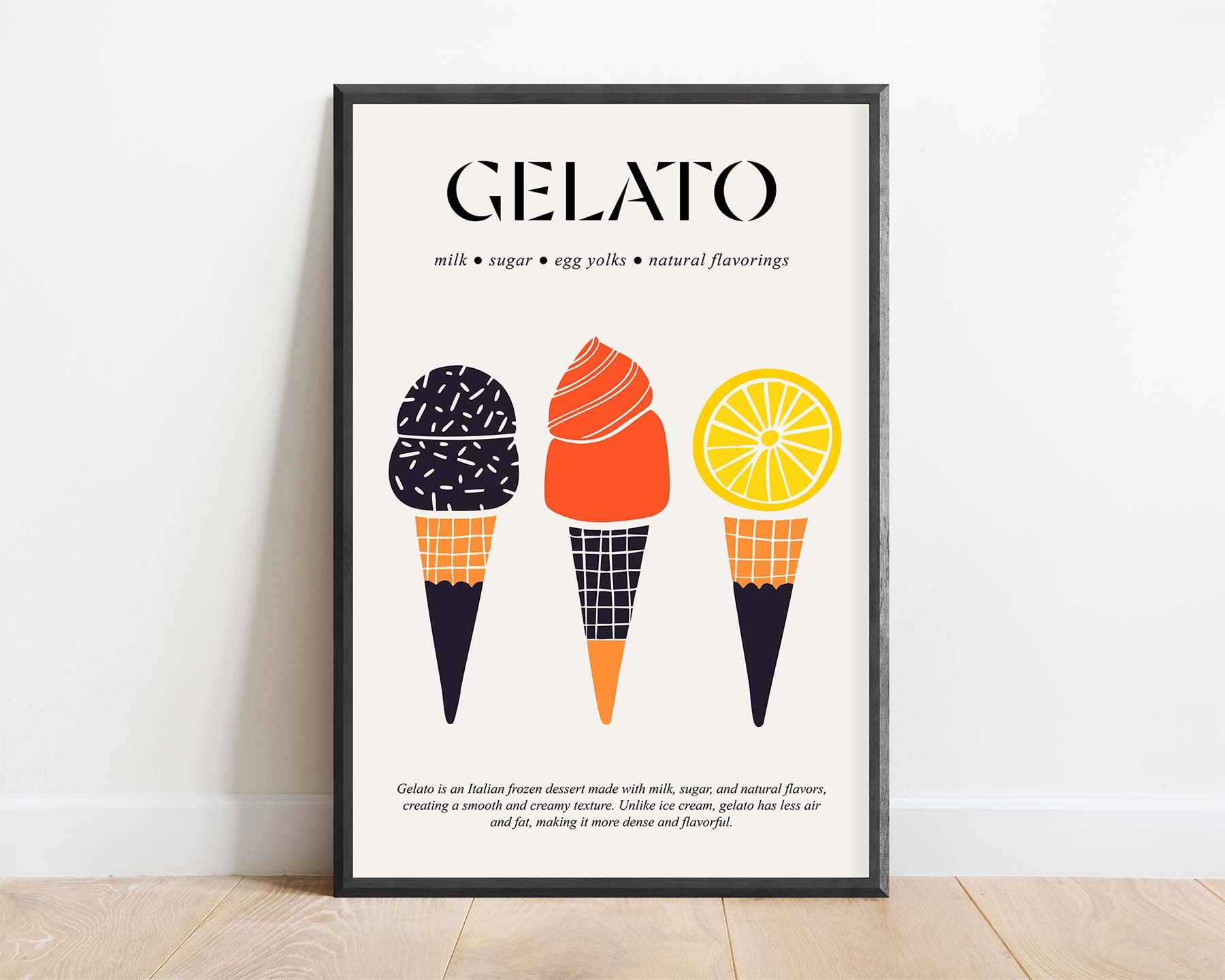Framed vintage travel poster featuring Italian gelato in retro pastel tones