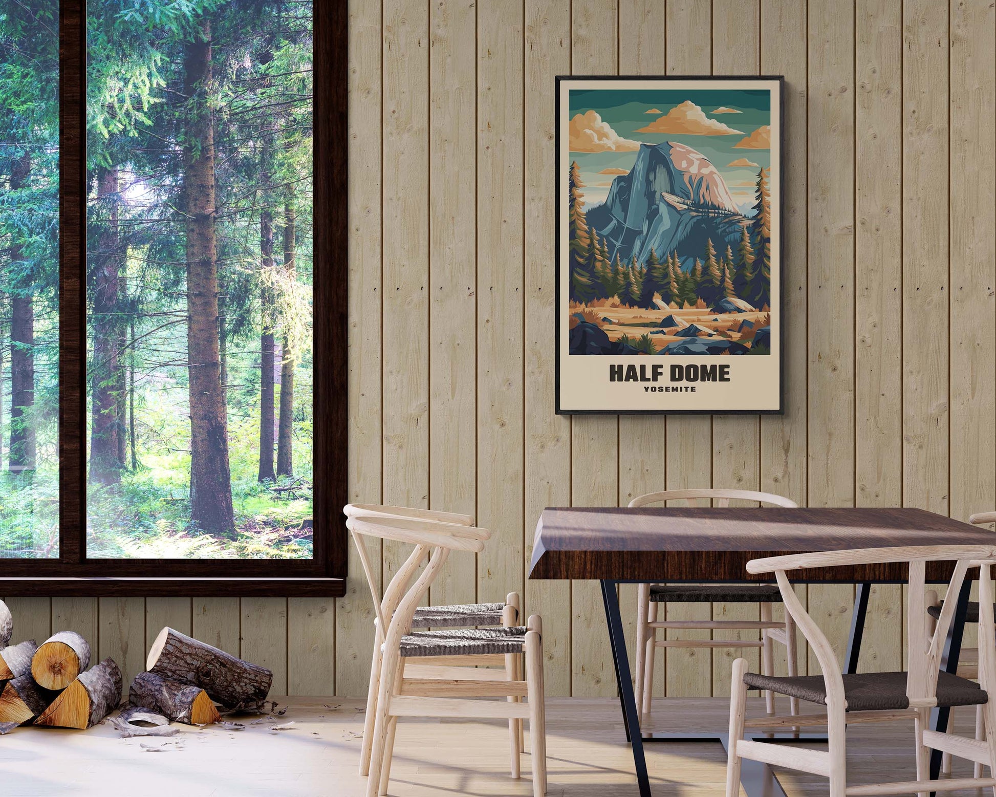 Stylized vintage poster of Half Dome, framed and featuring the majestic granite peak of Yosemite National Park in a classic travel style