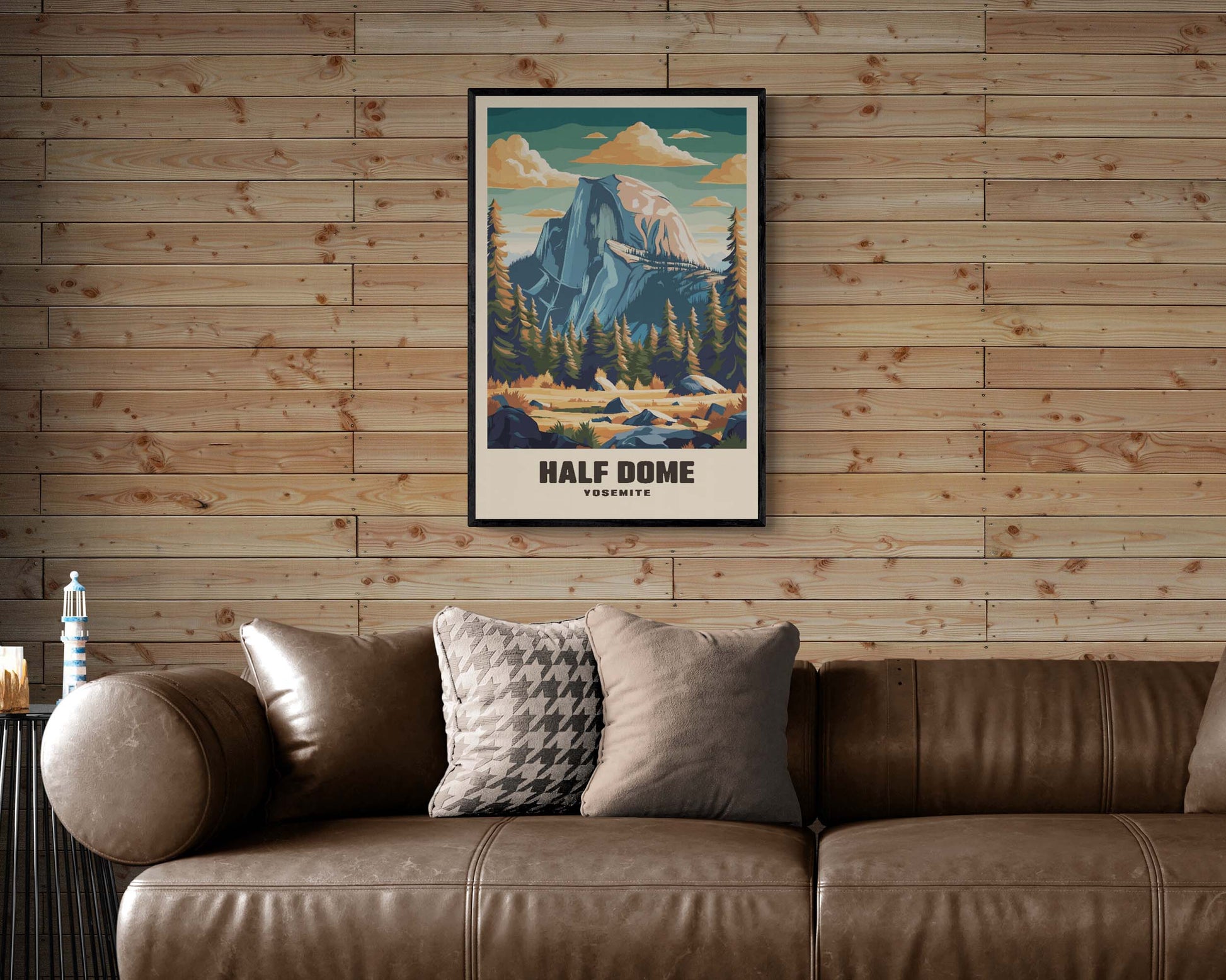 Retro-inspired Half Dome mountain wall art, framed in a nostalgic design with scenic views of Yosemite’s famous landmark
