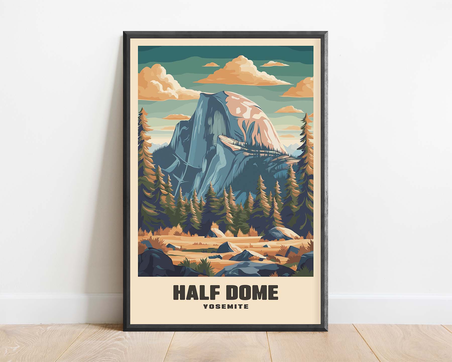 Framed vintage travel poster of Half Dome, showcasing its iconic shape and Yosemite’s stunning landscape in a retro design