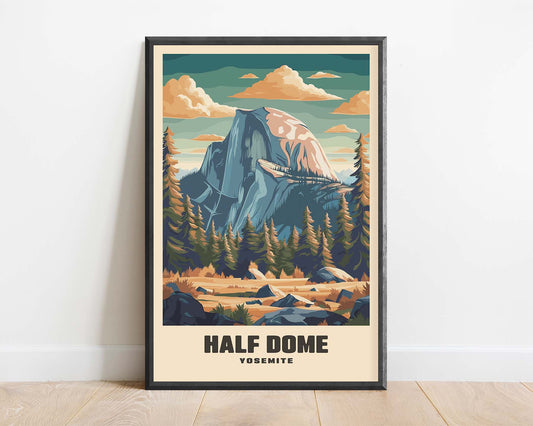 Framed vintage travel poster of Half Dome, showcasing its iconic shape and Yosemite’s stunning landscape in a retro design