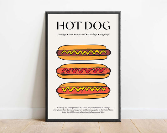 Framed vintage travel poster featuring classic hot dogs in retro American style